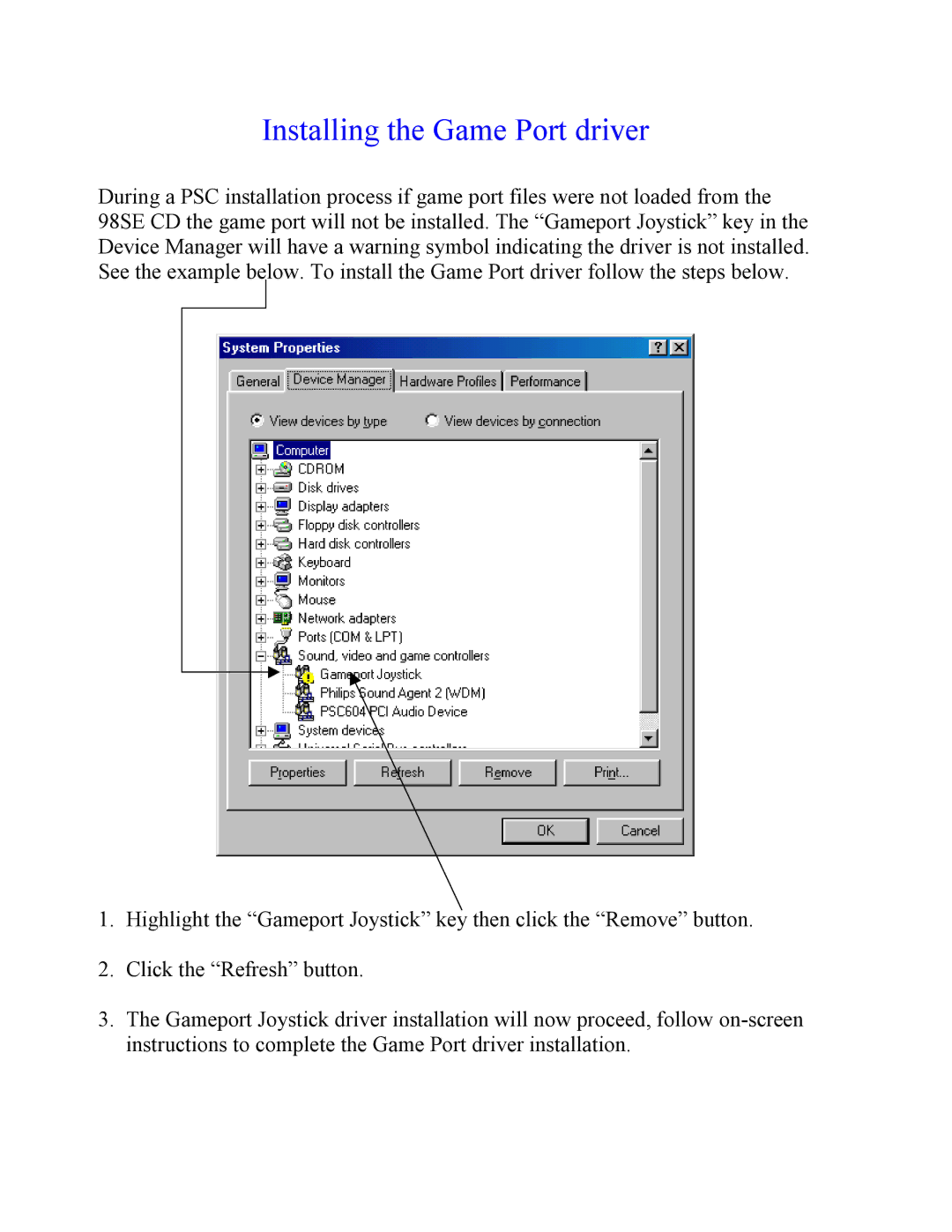 Philips PSC 605, PSC 604 manual Installing the Game Port driver 