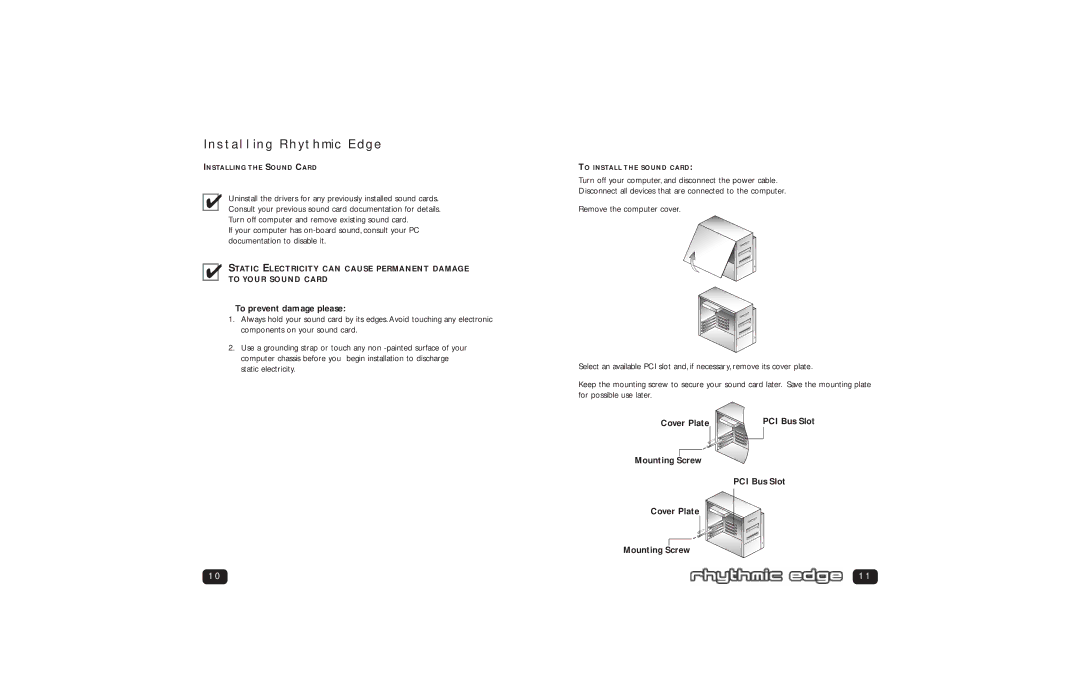 Philips PSC 703 user manual Installing Rhythmic Edge, To prevent damage please, Cover Plate PCI Bus Slot Mounting Screw 