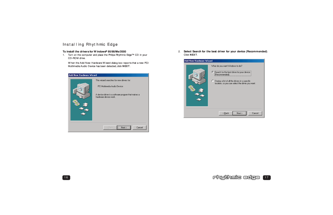 Philips PSC 703 user manual To install the drivers for Windows 95/98/Me/2000, Installing Rhythmic Edge 