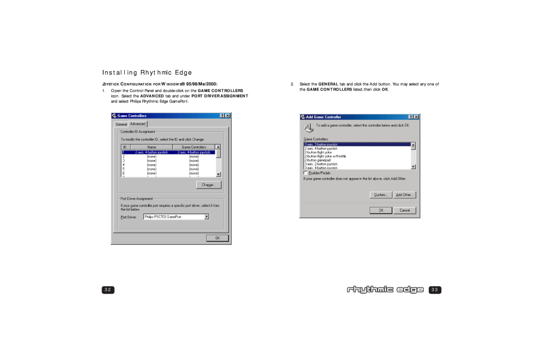 Philips PSC 703 user manual Installing Rhythmic Edge, JOYSTICK CONFIGURATION FOR WINDOWS 95/98/Me/2000 