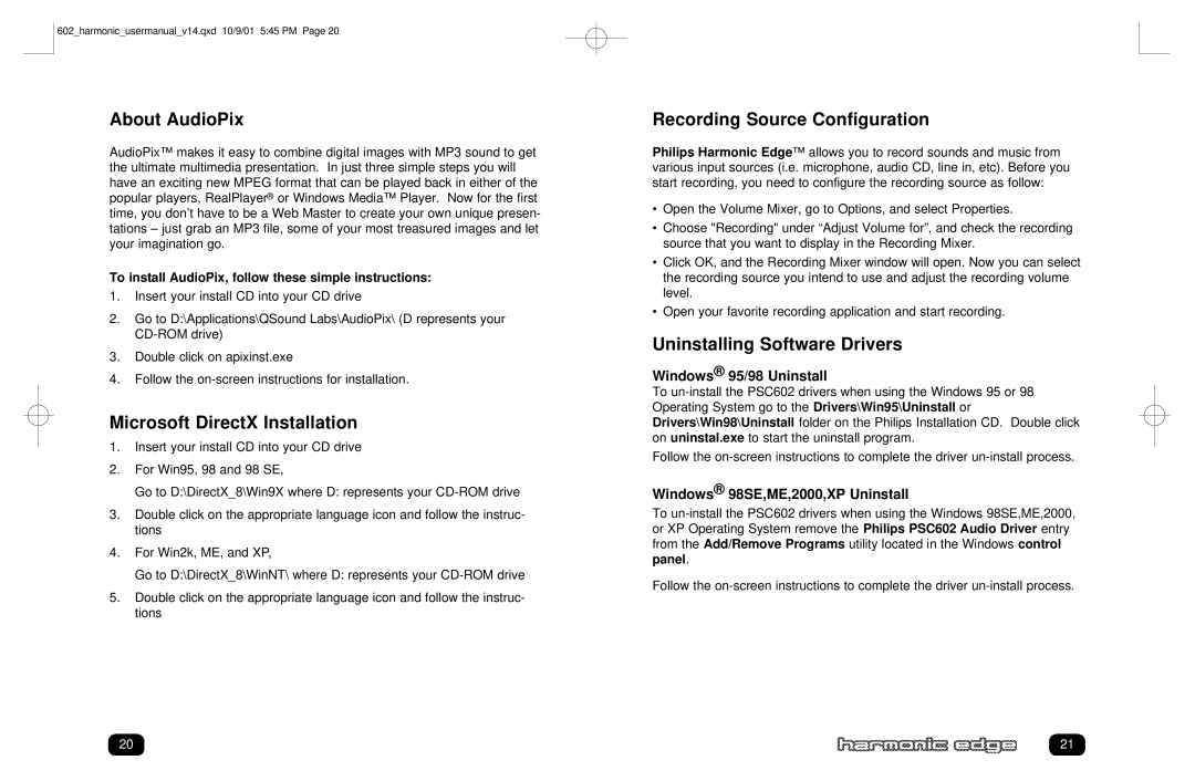 Philips PSC602 user manual About AudioPix, Microsoft DirectX Installation, Recording Source Configuration 