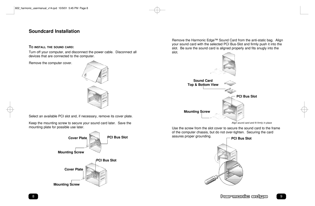 Philips PSC602 user manual Soundcard Installation, Cover Plate PCI Bus Slot Mounting Screw 