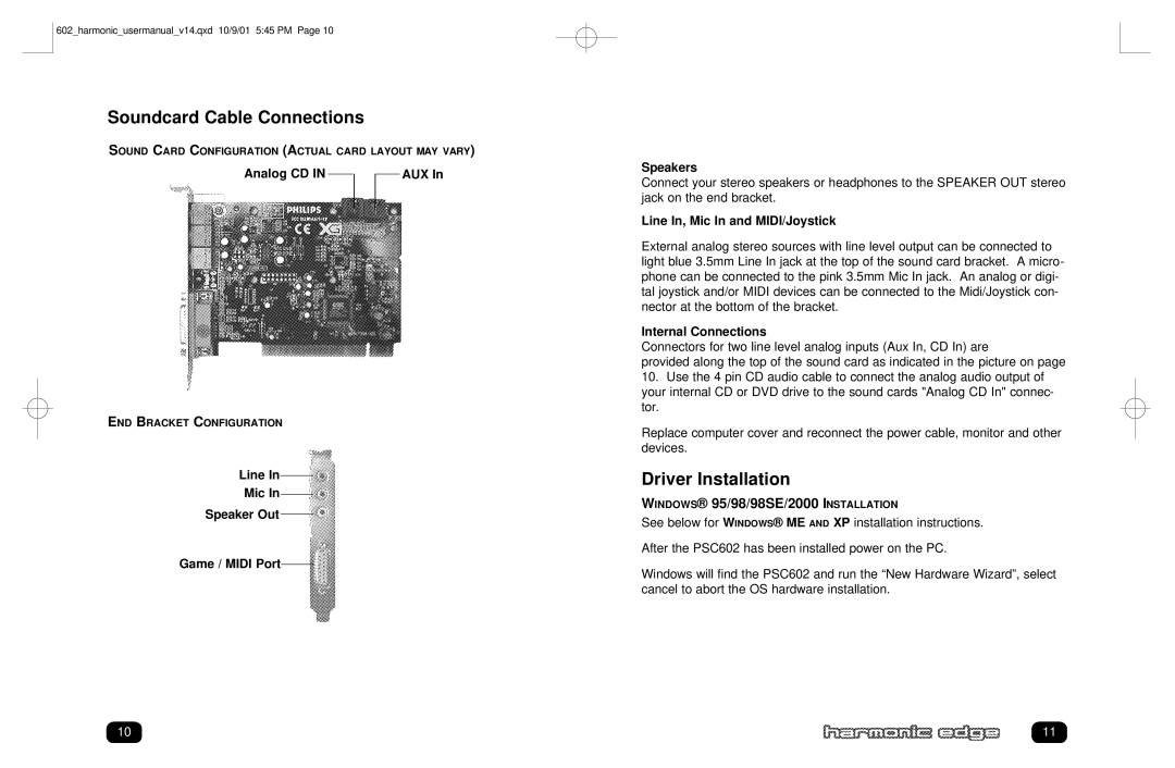 Philips PSC602 user manual Soundcard Cable Connections, Driver Installation 