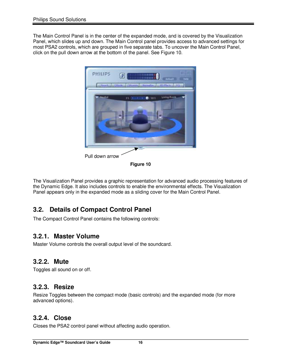 Philips PSC604 manual Details of Compact Control Panel, Master Volume, Mute, Resize, Close 