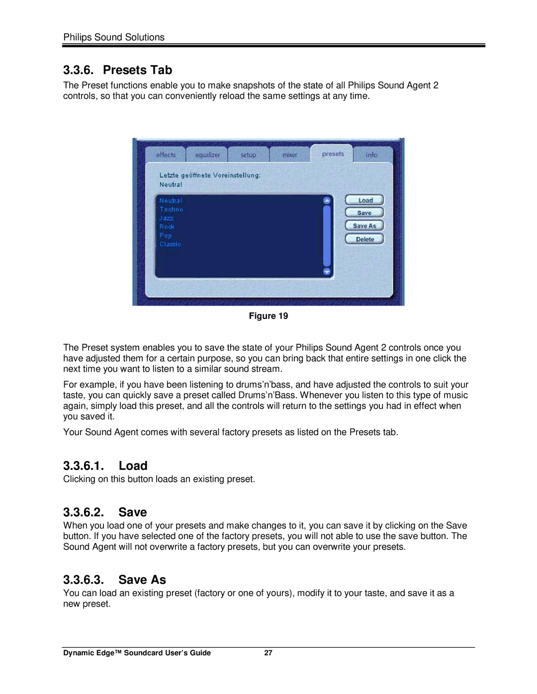 Philips PSC604 manual Presets Tab, Load, Save As 