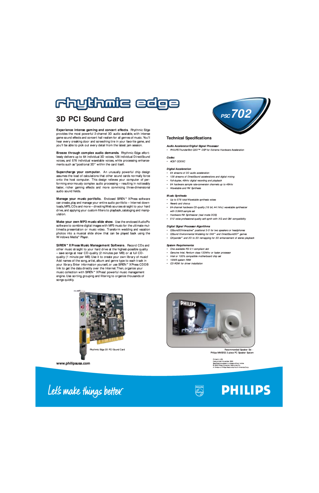 Philips PSC70217 manual 3D PCI Sound Card, Technical Specifications 