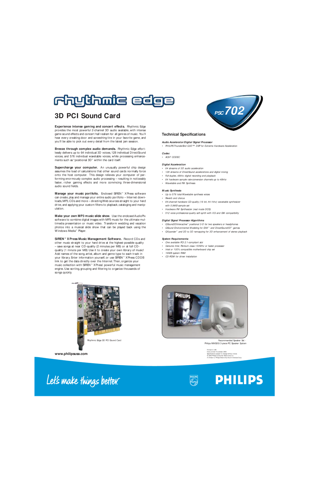 Philips PSC70217 manual 3D PCI Sound Card, Technical Specifications 