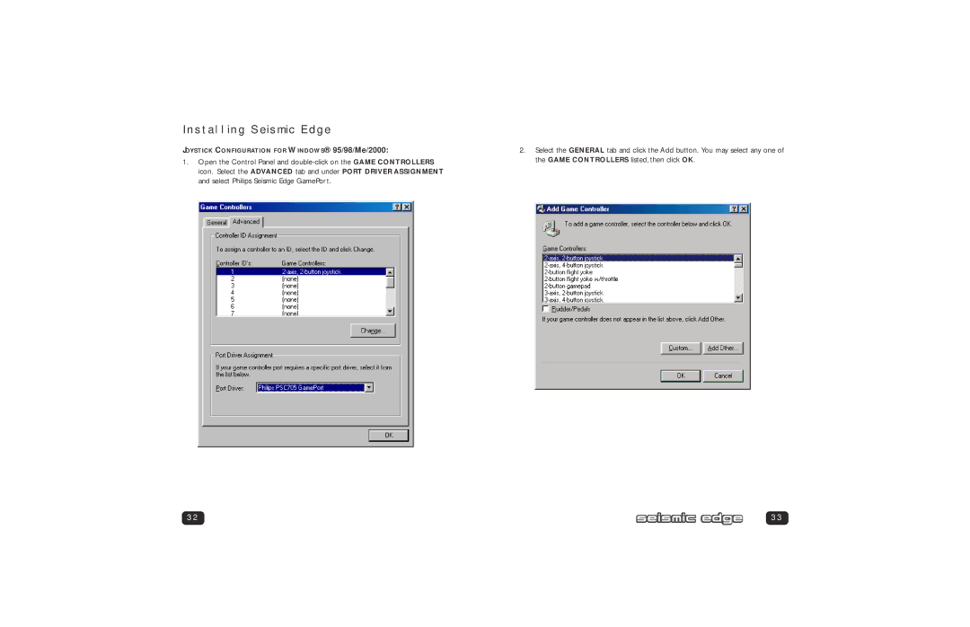 Philips PSC705 user manual Joystick Configuration for Windows 95/98/Me/2000 