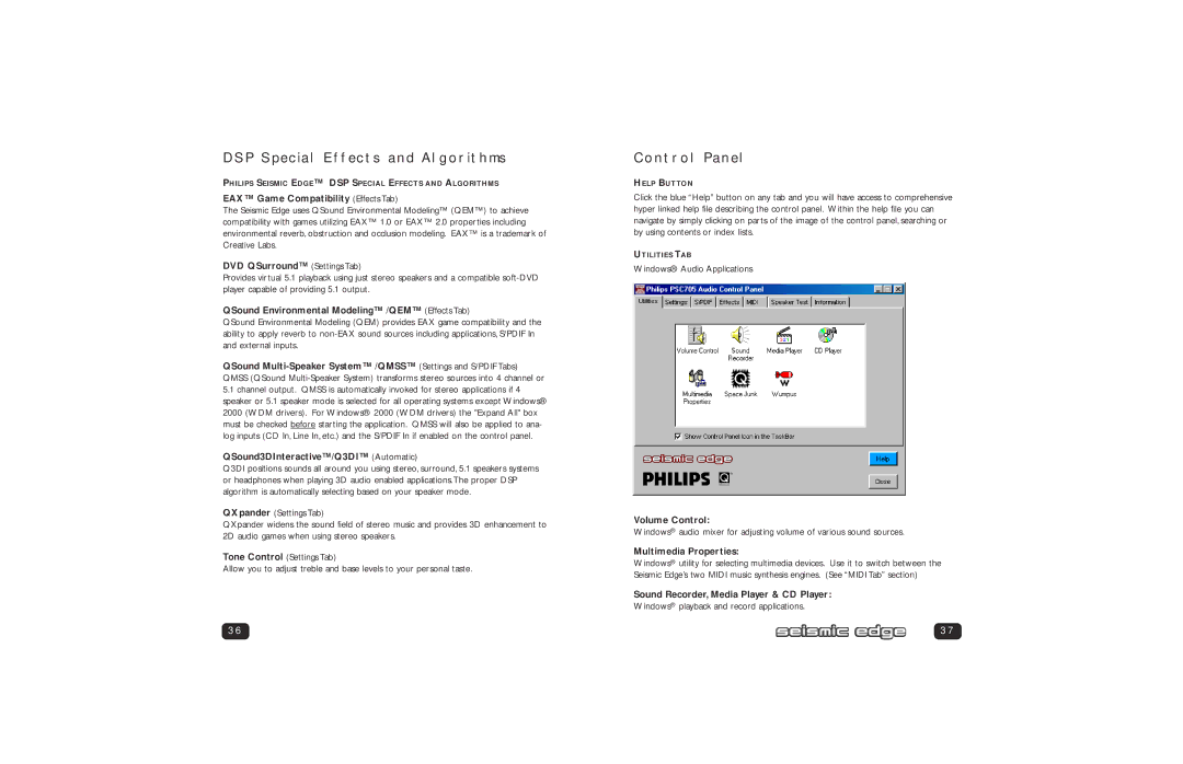 Philips PSC705 user manual DSP Special Effects and Algorithms, Control Panel 