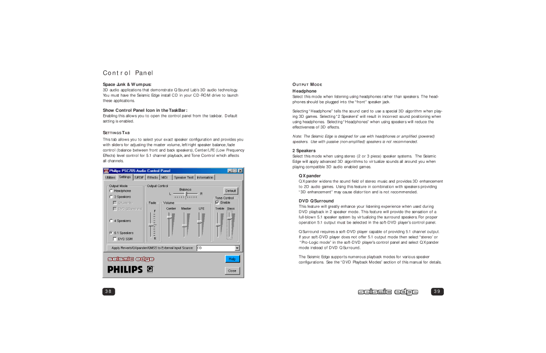 Philips PSC705 user manual Space Junk & Wumpus, Show Control Panel Icon in the TaskBar, Headphone, QXpander, DVD QSurround 
