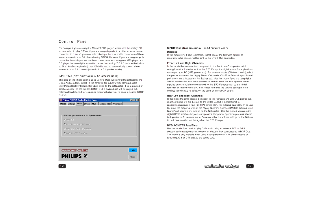 Philips PSC705 user manual Disabled, Front Left and Right Channels, Rear Left and Right Channels, DVD AC3/DTS Pass-Thru 