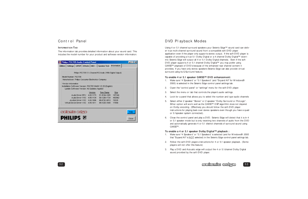 Philips PSC705 user manual DVD Playback Modes, To enable 4 or 5.1 speaker Qmss DVD enhancement 