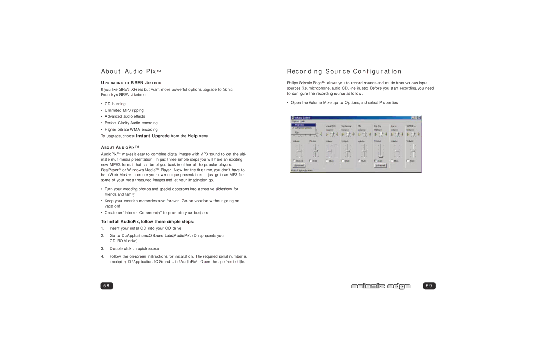 Philips PSC705 user manual About Audio Pix, Recording Source Configuration, To install AudioPix, follow these simple steps 