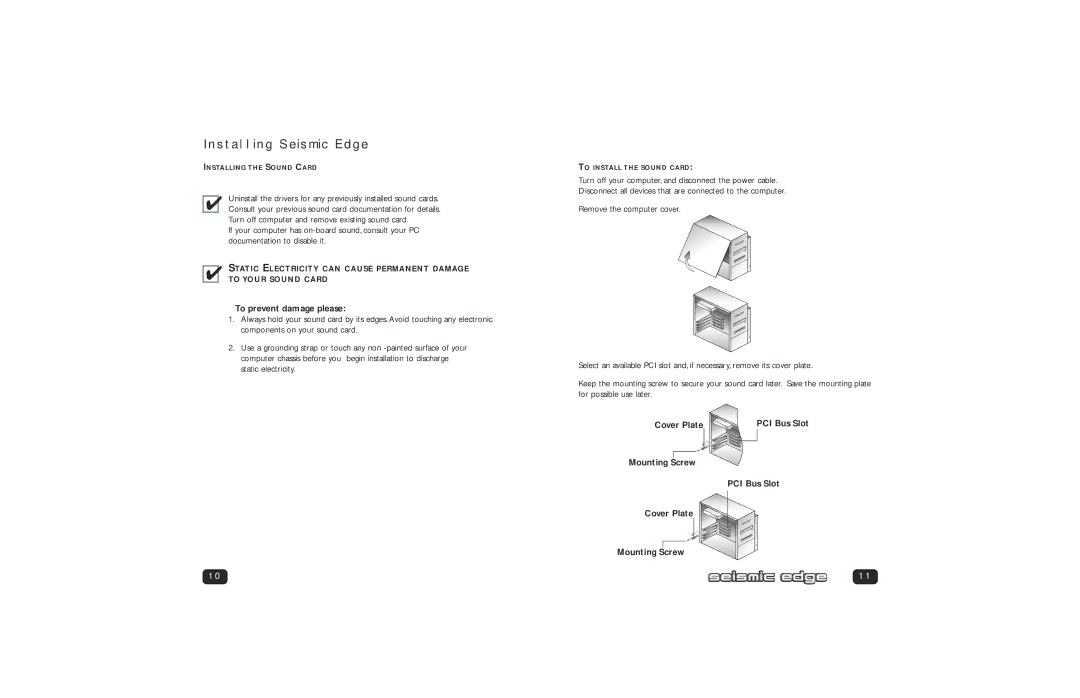 Philips PSC705 user manual Installing Seismic Edge, To prevent damage please, Cover Plate PCI Bus Slot Mounting Screw 