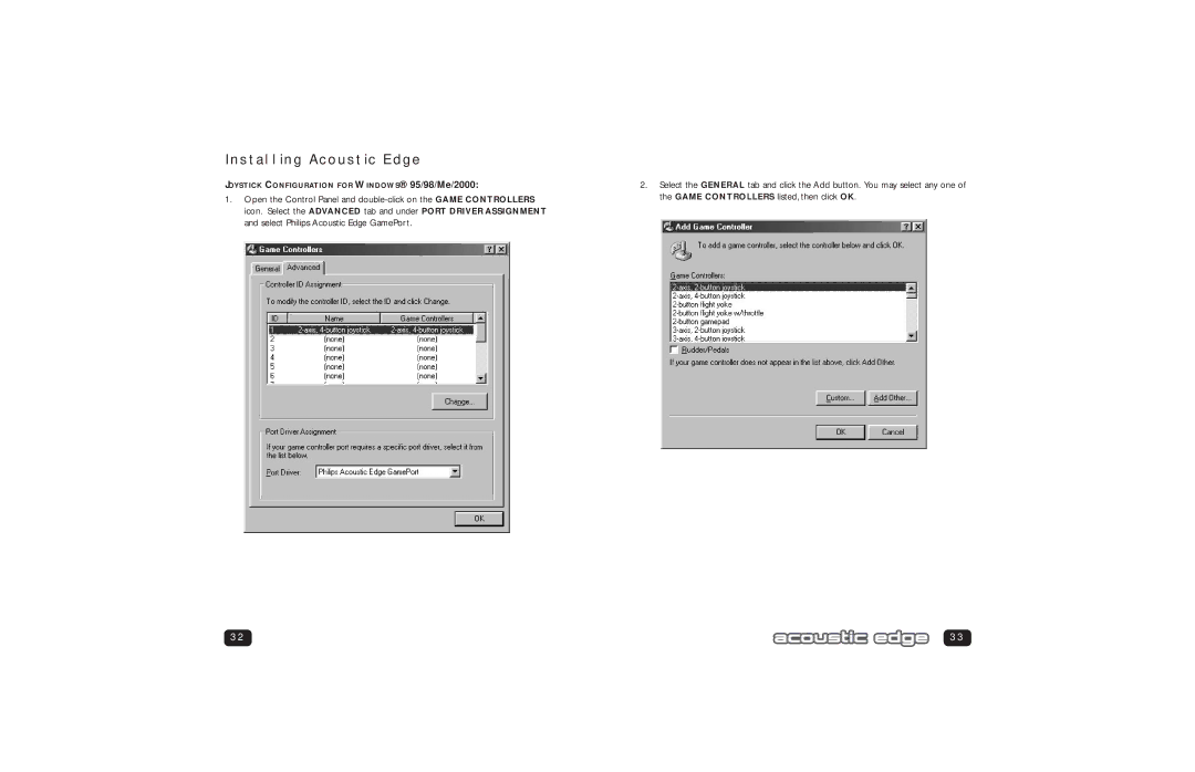 Philips PSC706 user manual Joystick Configuration for Windows 95/98/Me/2000 