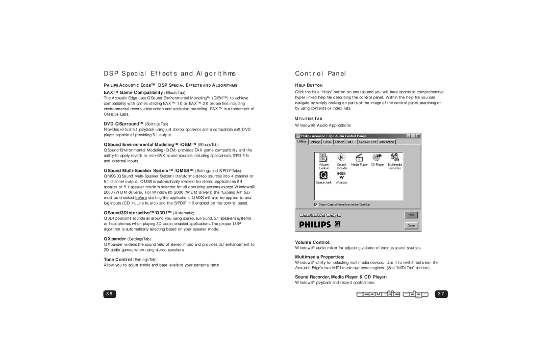 Philips PSC706 user manual DSP Special Effects and Algorithms, Control Panel 