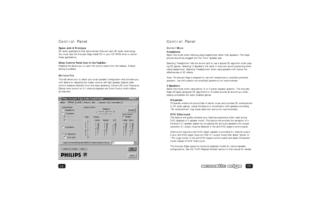 Philips PSC706 user manual Space Junk & Wumpus, Show Control Panel Icon in the TaskBar, Headphone, QXpander, DVD QSurround 