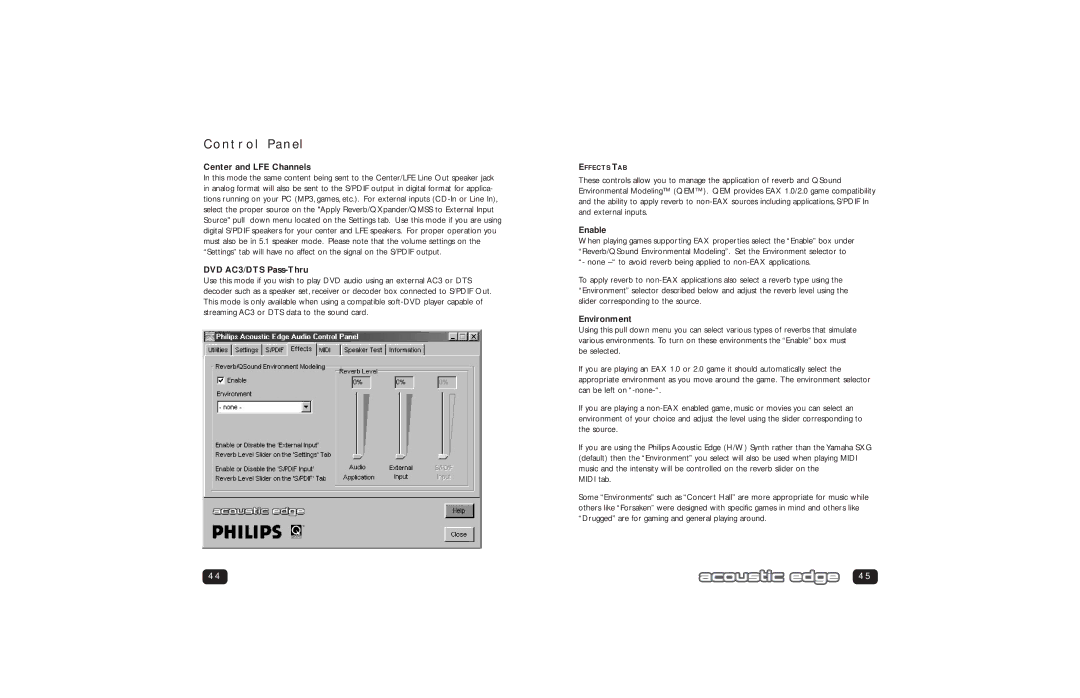 Philips PSC706 user manual Center and LFE Channels, DVD AC3/DTS Pass-Thru, Environment 