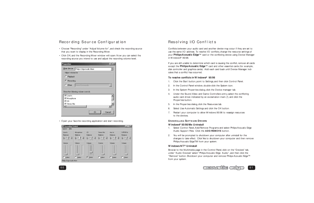 Philips PSC706 user manual Resolving I/O Conflicts, To resolve conflicts in Windows 95/98, Windows 95/98/Me Uninstall 