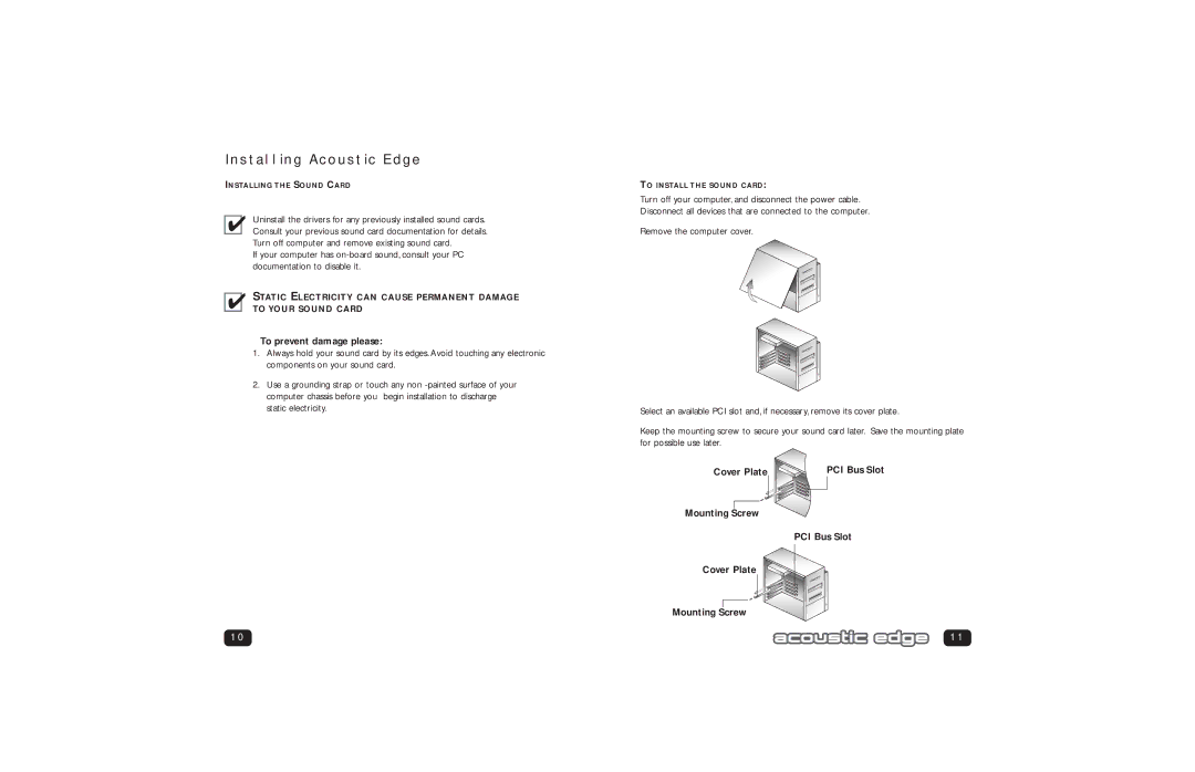 Philips PSC706 user manual Installing Acoustic Edge, To prevent damage please, Cover Plate PCI Bus Slot Mounting Screw 