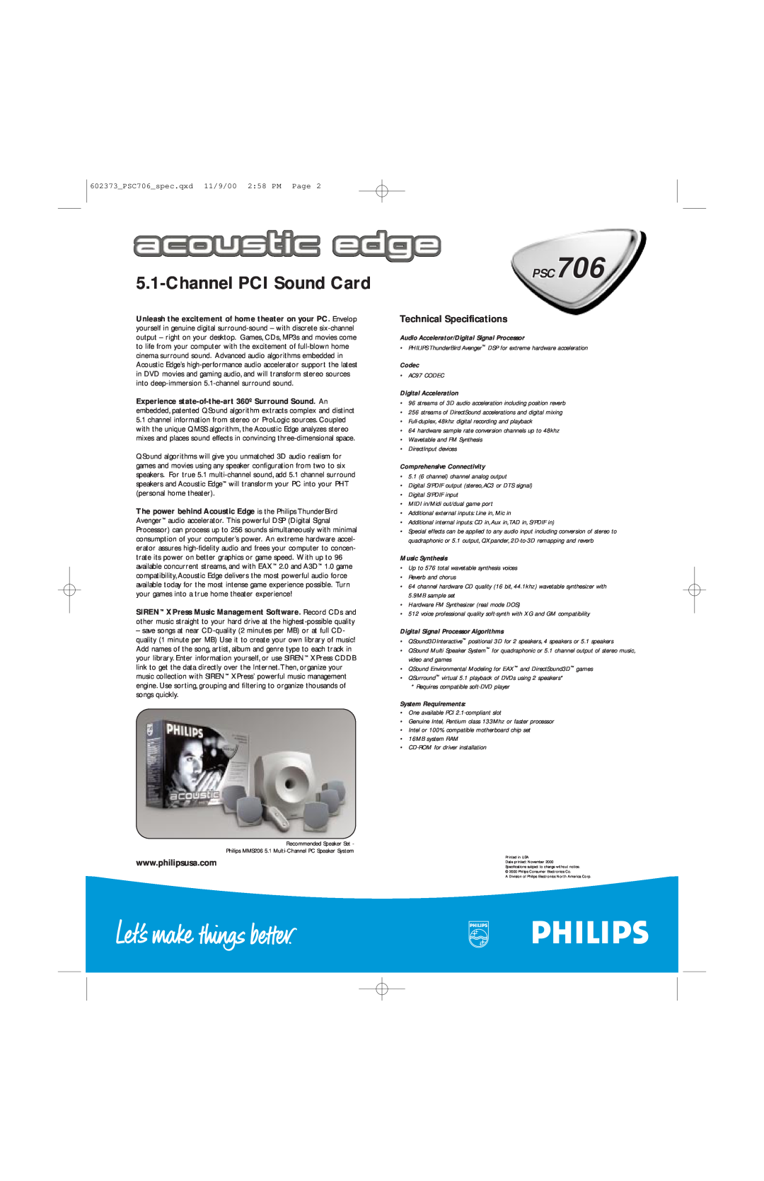 Philips PSC7061799 manual ChannelPCI Sound Card, Technical Specifications 