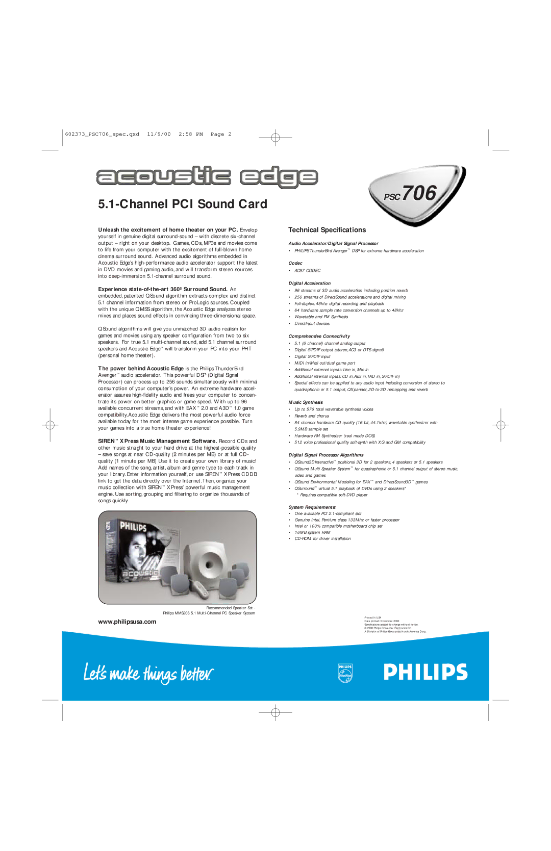 Philips PSC7061799 manual Channel PCI Sound Card, Technical Specifications 