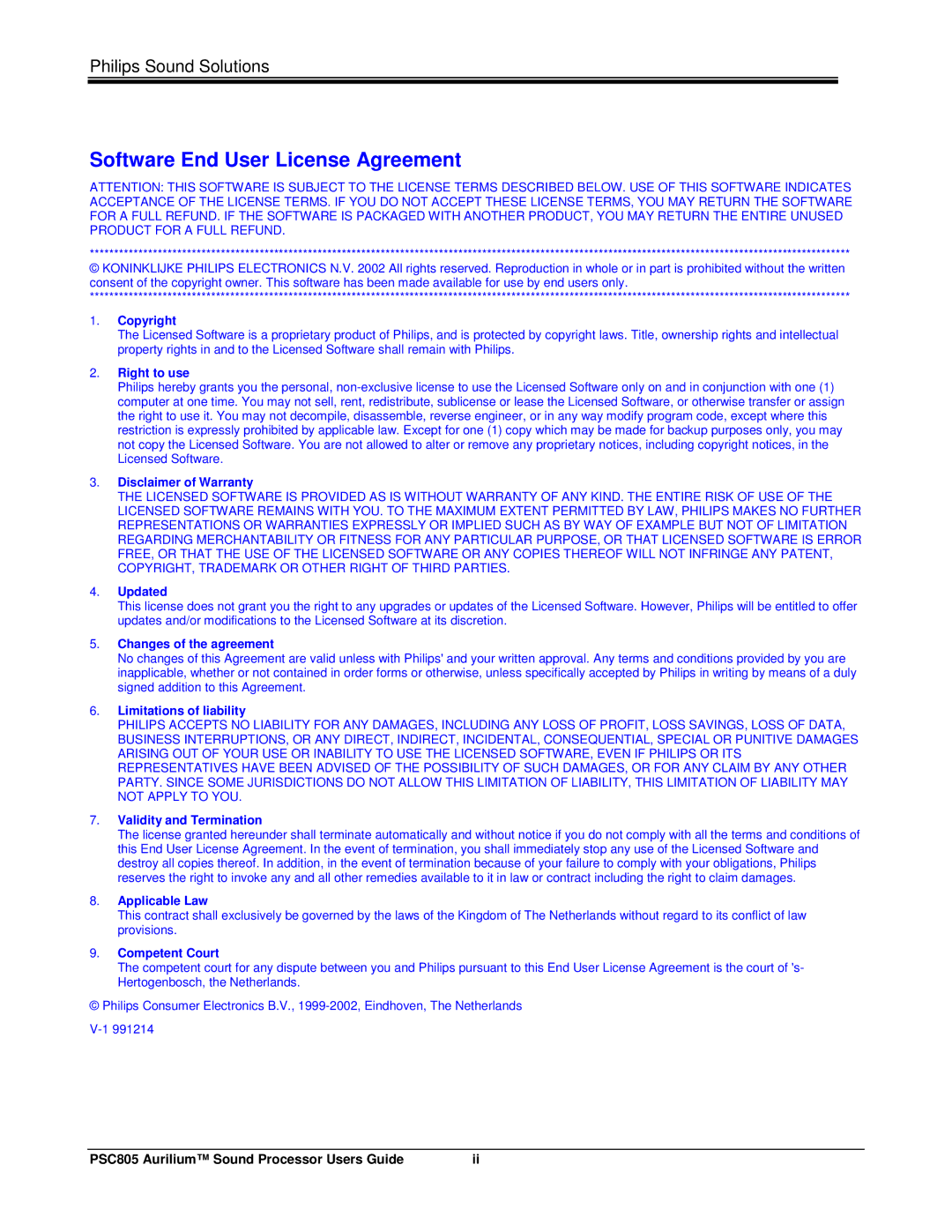 Philips PSC805 manual Software End User License Agreement 