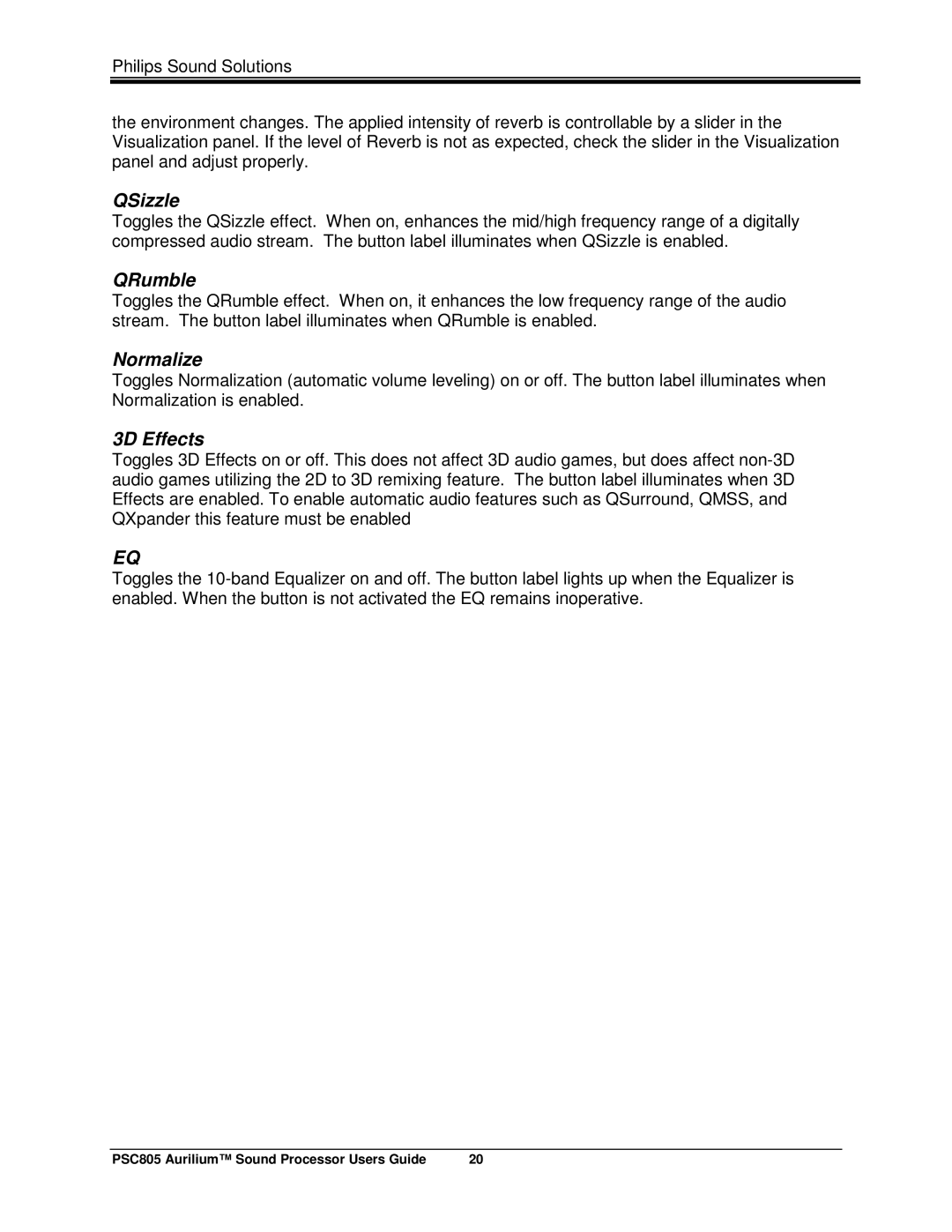 Philips PSC805 manual QSizzle, QRumble, Normalize, 3D Effects 