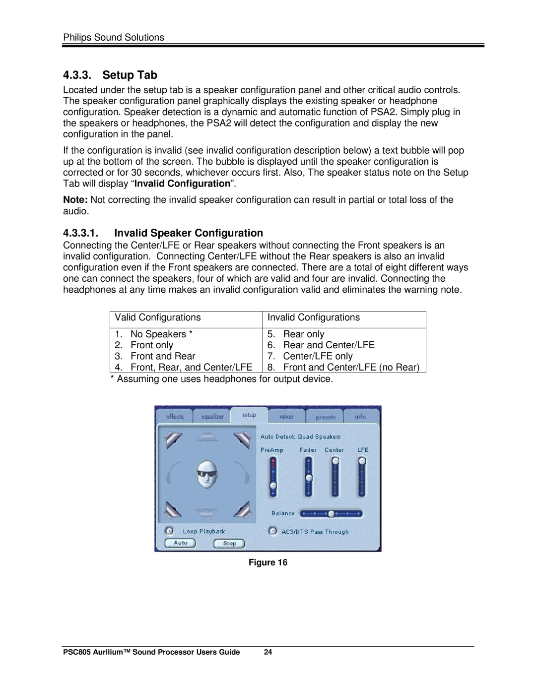 Philips PSC805 manual Setup Tab, Invalid Speaker Configuration 