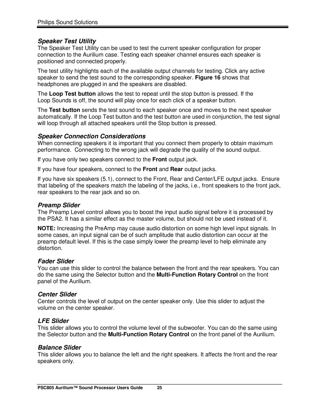 Philips PSC805 manual Speaker Test Utility, Speaker Connection Considerations, Preamp Slider, Fader Slider, Center Slider 