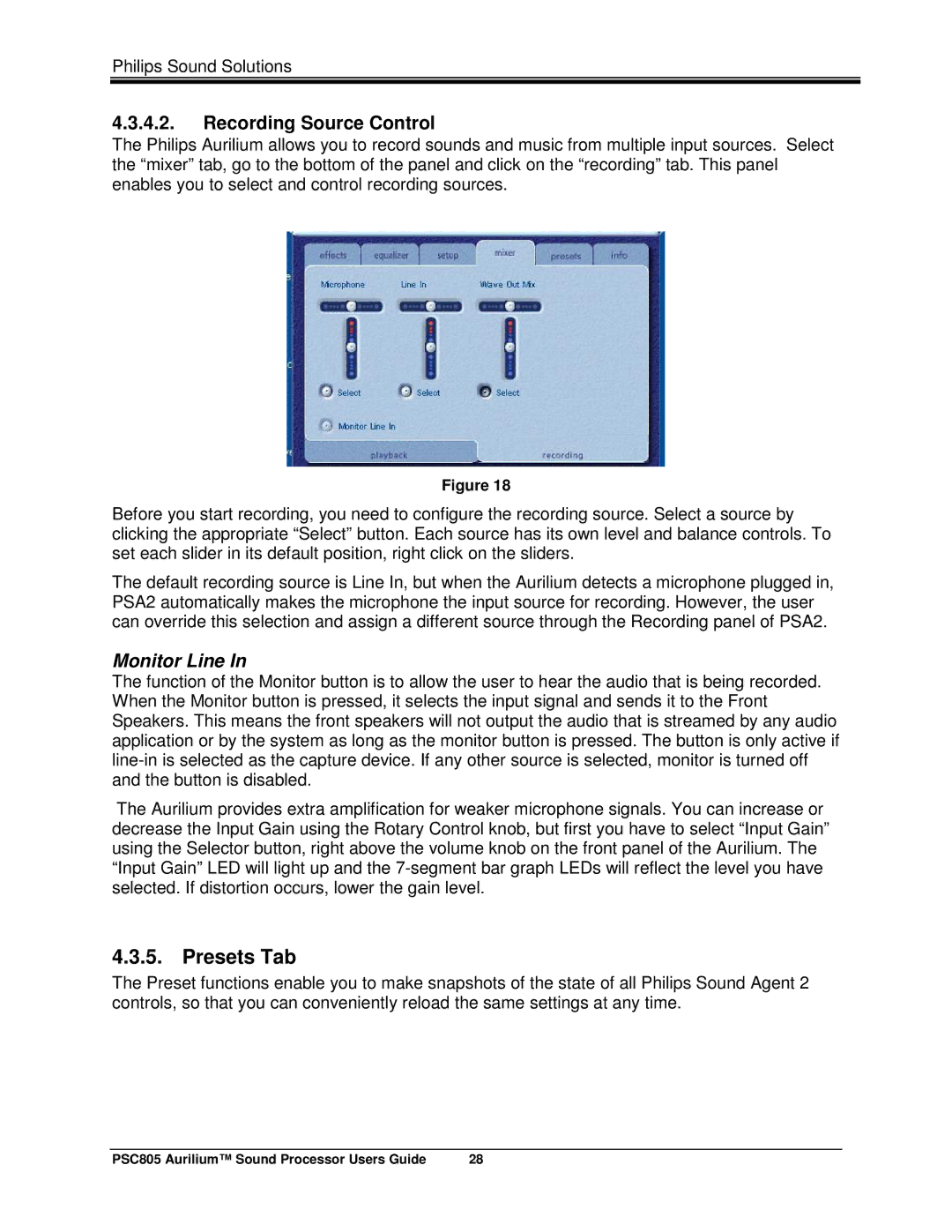 Philips PSC805 manual Presets Tab, Monitor Line 