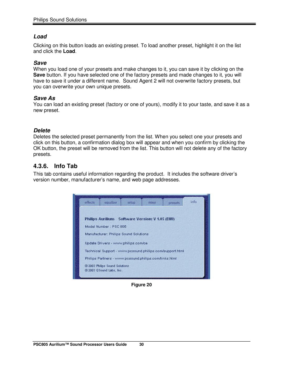 Philips PSC805 manual Info Tab, Load, Save As, Delete 