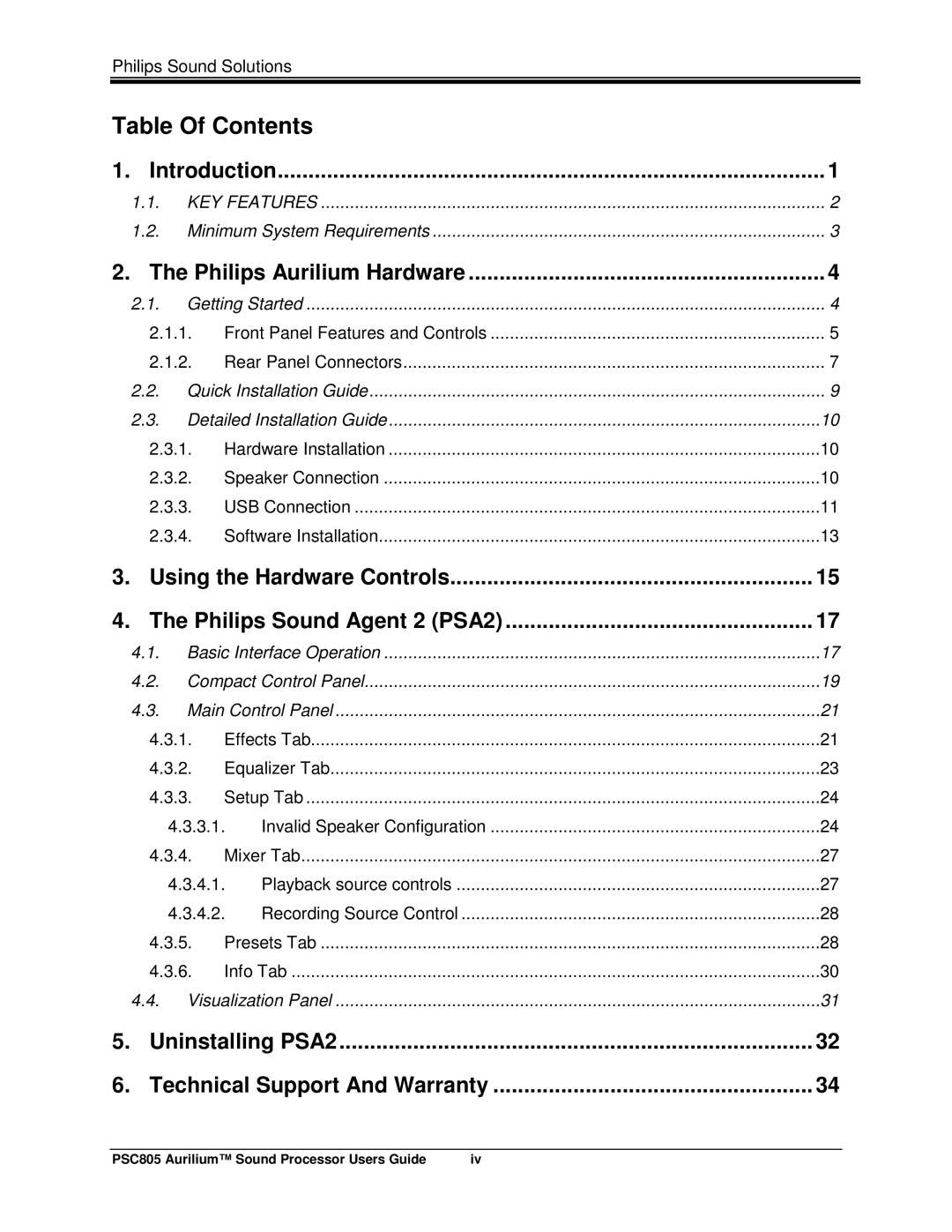 Philips PSC805 manual Table Of Contents 