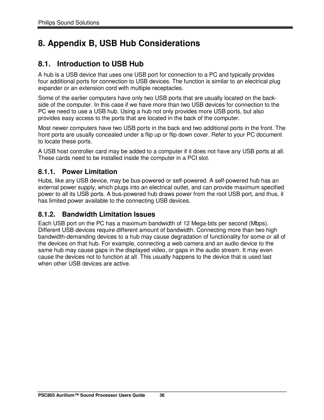 Philips PSC805 Appendix B, USB Hub Considerations, Introduction to USB Hub, Power Limitation, Bandwidth Limitation Issues 