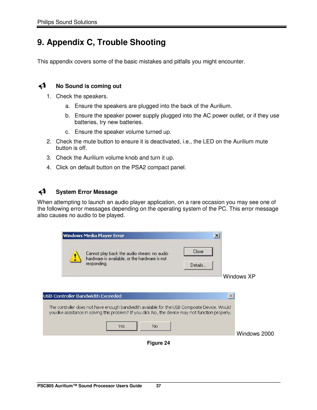 Philips PSC805 manual Appendix C, Trouble Shooting, No Sound is coming out, System Error Message 