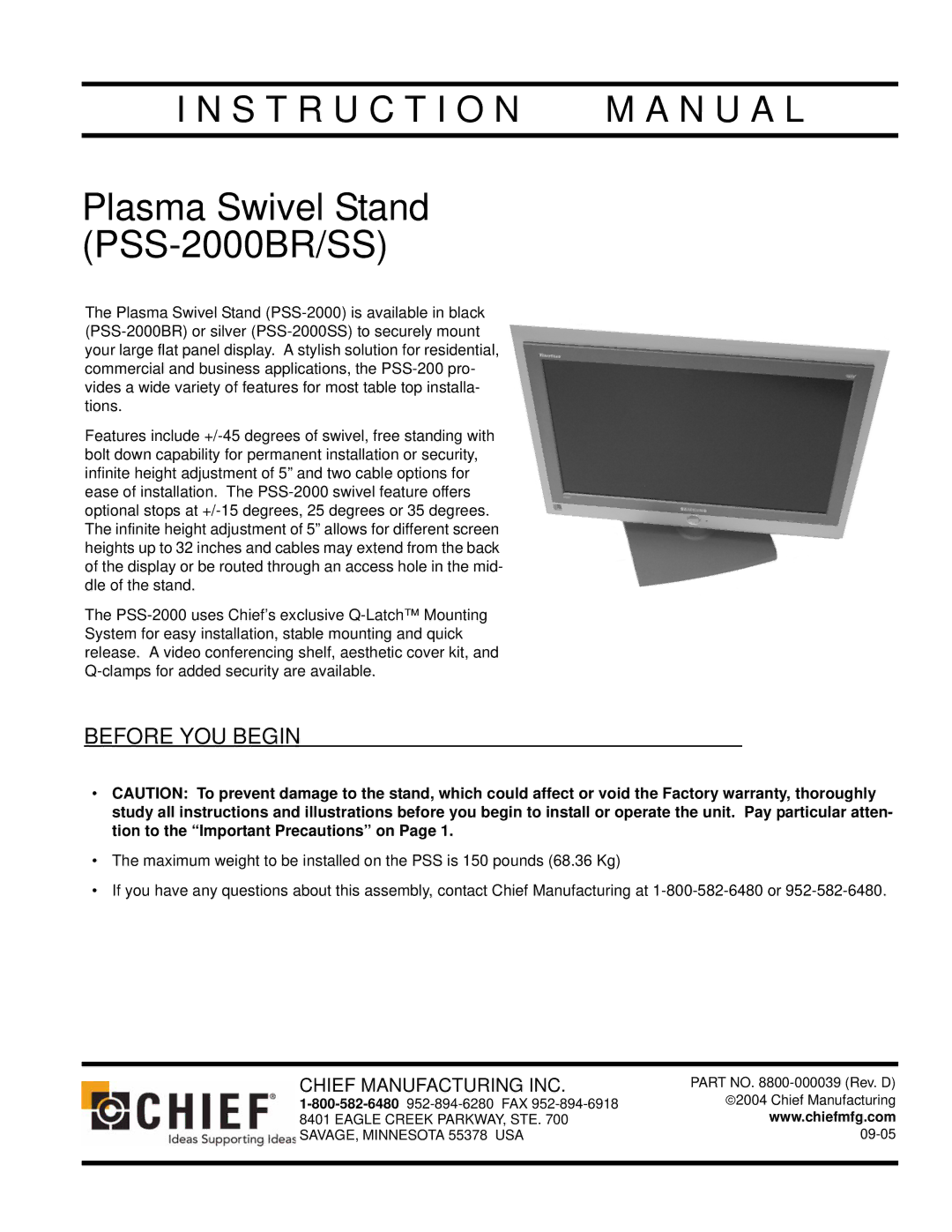 Philips (PSS-2000BR/SS) instruction manual Plasma Swivel Stand PSS-2000BR/SS, Before YOU Begin 