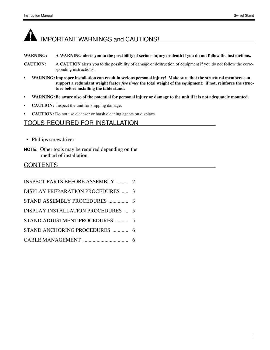 Philips (PSS-2000BR/SS) instruction manual Tools Required for Installation, Contents 