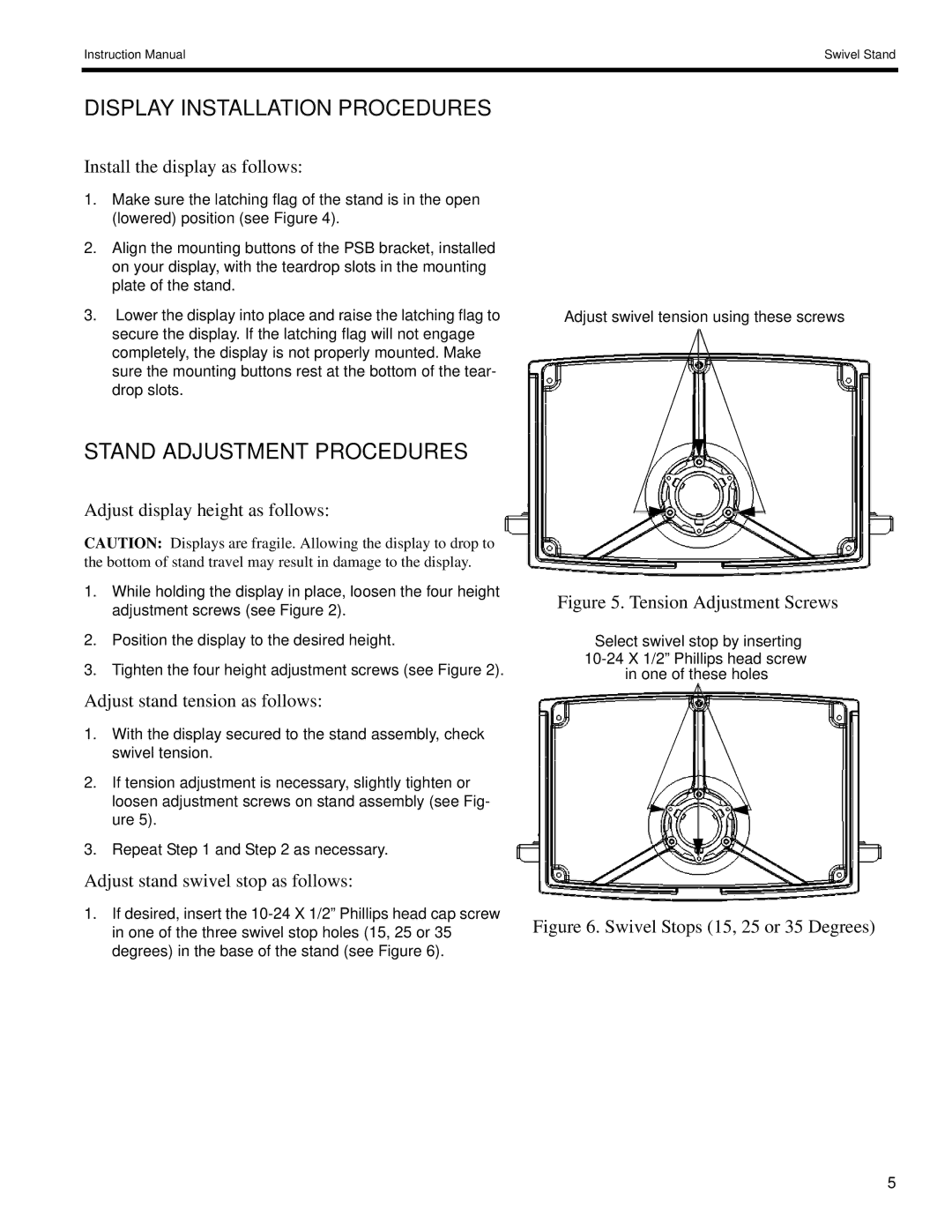 Philips (PSS-2000BR/SS) instruction manual Display Installation Procedures, Stand Adjustment Procedures 