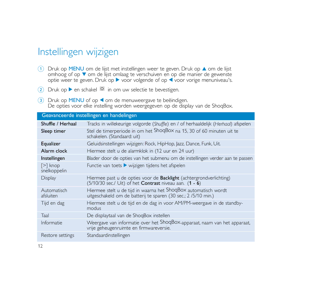 Philips PSS100 user manual Instellingen wijzigen, Geavanceerde instellingen en handelingen 