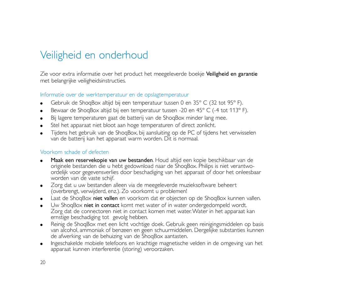 Philips PSS100 user manual Veiligheid en onderhoud, Informatie over de werktemperatuur en de opslagtemperatuur 