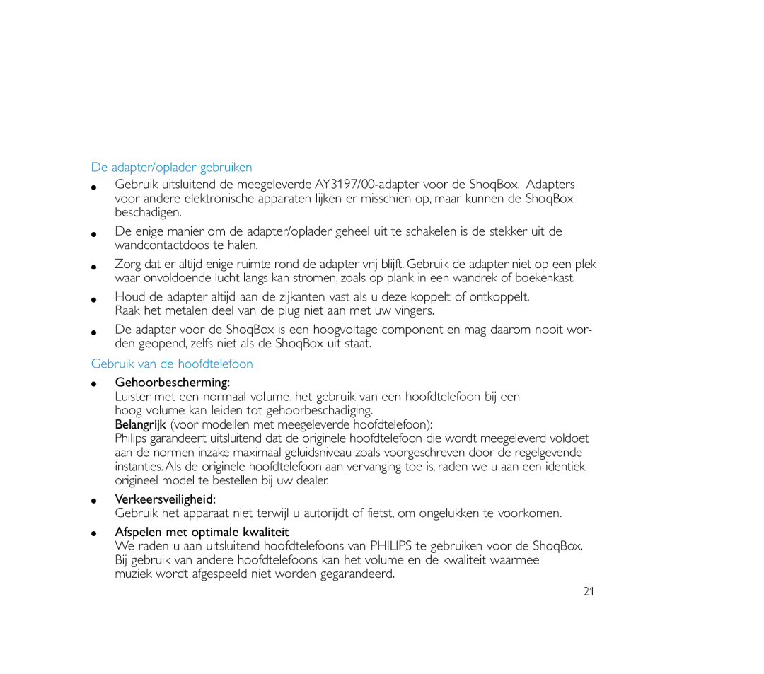 Philips PSS100 user manual De adapter/oplader gebruiken, Gebruik van de hoofdtelefoon 