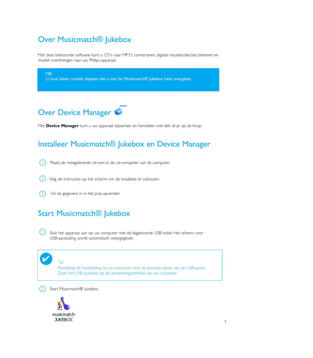 Philips PSS100 user manual Over Musicmatch Jukebox, Over Device Manager, Installeer Musicmatch Jukebox en Device Manager 