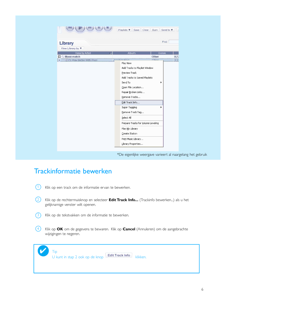 Philips PSS100 user manual Trackinformatie bewerken 