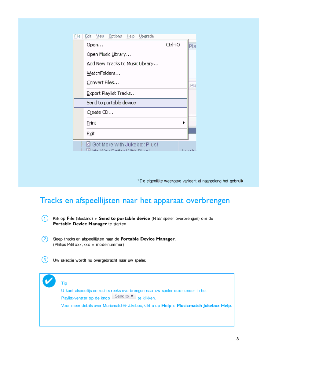 Philips PSS100 user manual Tracks en afspeellijsten naar het apparaat overbrengen 