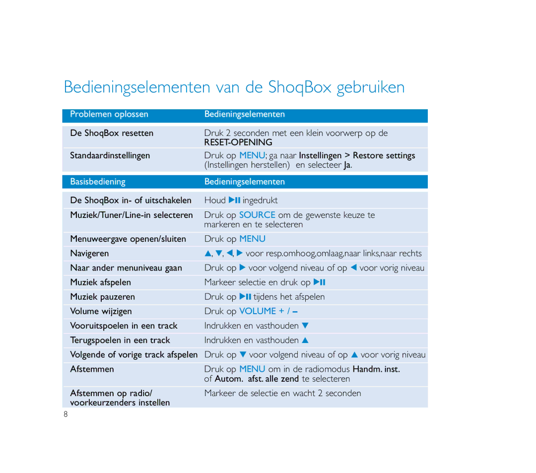 Philips PSS100 user manual Bedieningselementen van de ShoqBox gebruiken, Druk op Volume + 