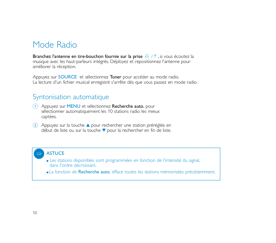 Philips PSS100 user manual Mode Radio, Syntonisation automatique 