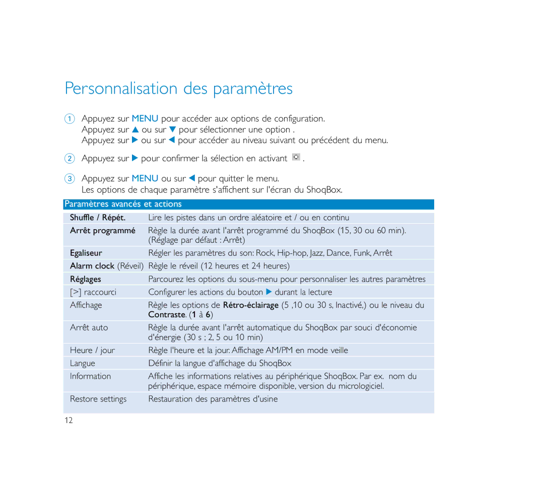 Philips PSS100 user manual Personnalisation des paramètres, Paramètres avancés et actions 