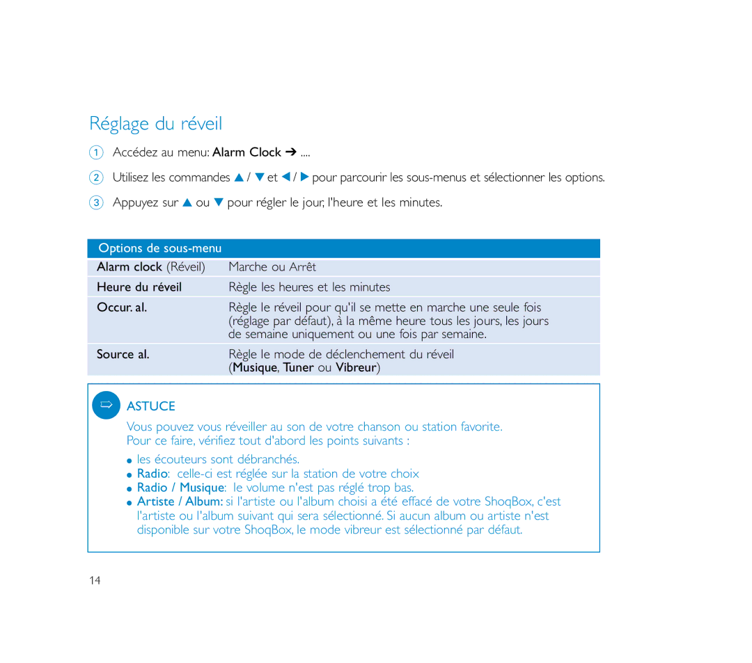 Philips PSS100 user manual Réglage du réveil, Accédez au menu Alarm Clock 