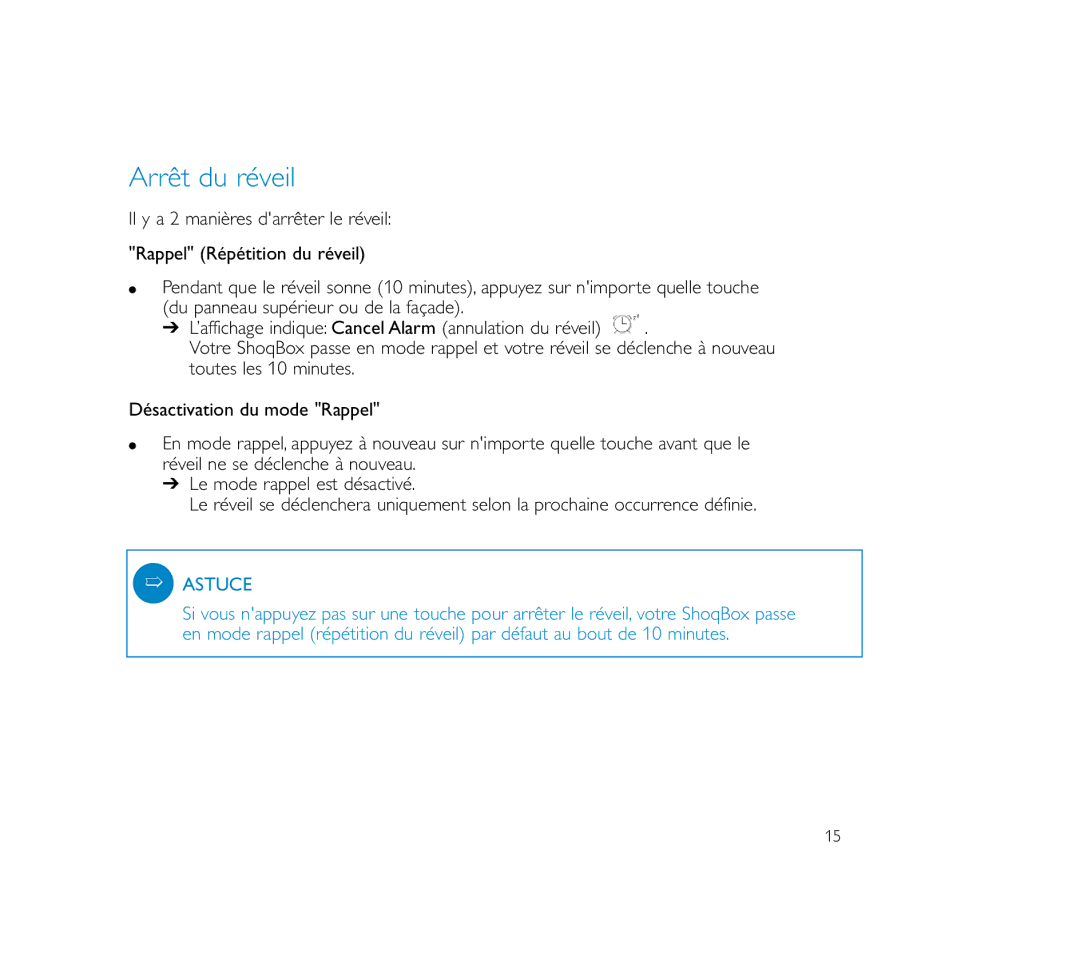 Philips PSS100 user manual Arrêt du réveil 