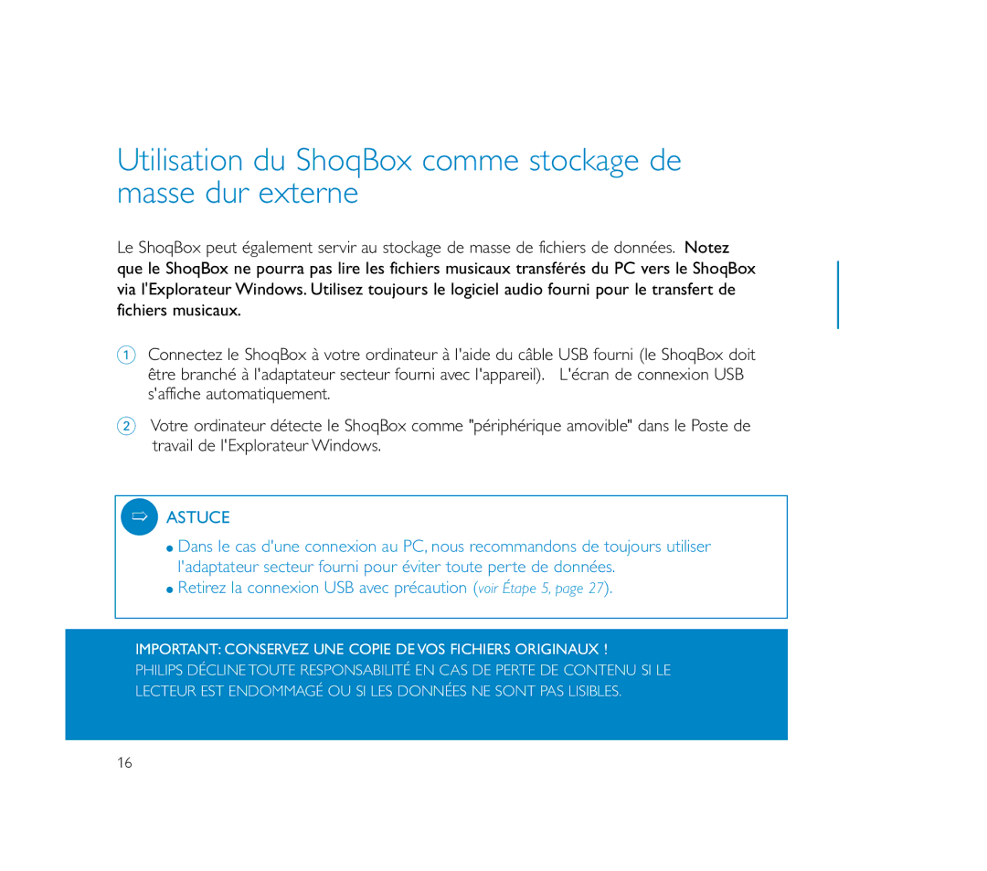 Philips PSS100 user manual Utilisation du ShoqBox comme stockage de masse dur externe 